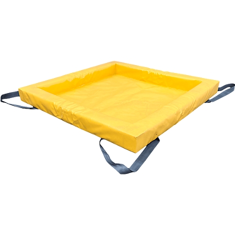 Bac rectangulaire jaune avec des poignées en boucle grises. Le bac a un bord surélevé.