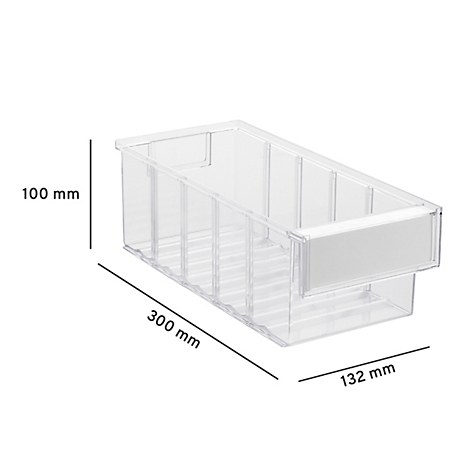 Boîte de tiroir transparente avec dimensions : 300 mm de longueur, 132 mm de largeur, 100 mm de hauteur.