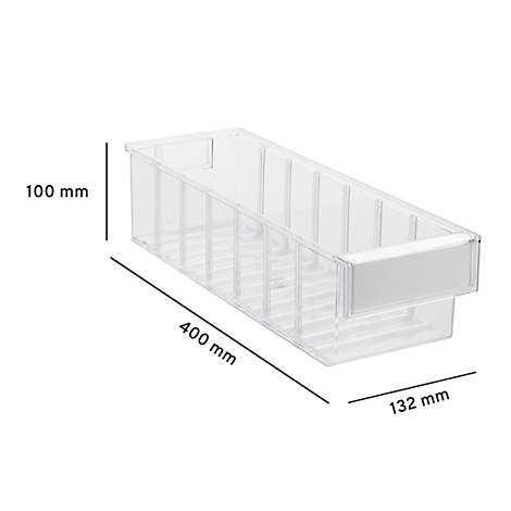 Bac de rangement transparent en plastique avec dimensions indiquées : 400 mm de longueur, 132 mm de largeur, 100 mm de hauteur.