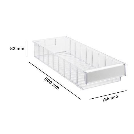 Boîte à tiroir transparente avec mesures : 500 mm de longueur, 186 mm de largeur, 82 mm de hauteur.