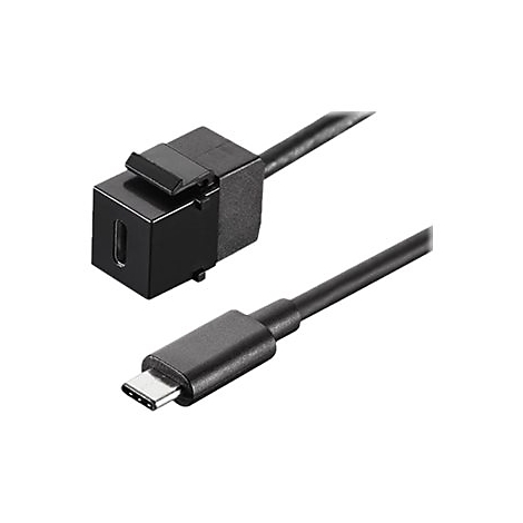 Câble USB-C noir avec bloc de connexion. La prise est cylindrique, le bloc est carré avec un levier.