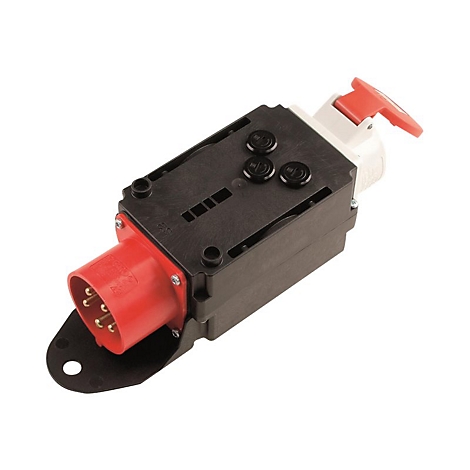 Industrie-Steckvorrichtung mit schwarzem Gehäuse und rotem Stecker auf weißem Hintergrund.