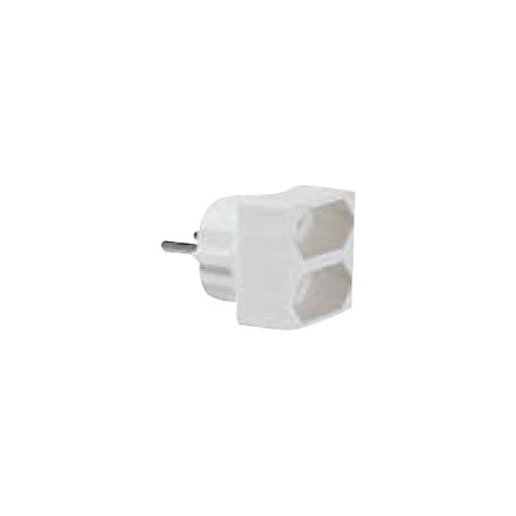 Ein weißer, kompakter zweifacher Steckdosen-Adapter mit zwei nebeneinander liegenden Steckplätzen.
