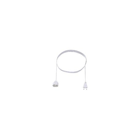 Weißes Flachkabel mit Schukostecker und Kupplung vor weißem Hintergrund.