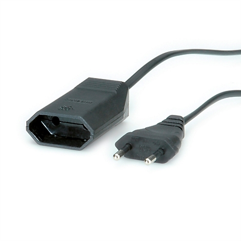 Schwarzes Verlängerungskabel mit Stecker und Kupplung vor weißem Hintergrund.