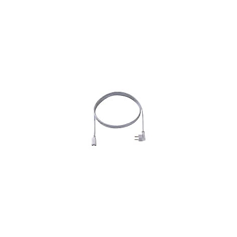 Weißes Netzkabel mit einem abgewinkelten Schutzkontaktstecker und einer Buchse vor weißem Hintergrund.