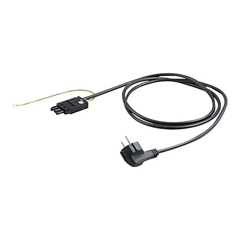 Schwarzes Stromkabel mit Schutzkontaktstecker und dreipoligem Steckverbinder inklusive grün-gelbem Erdungskabel.