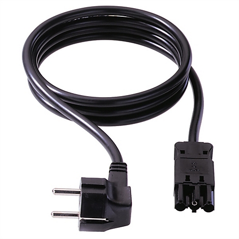 Ein schwarzes Stromkabel mit einem abgewinkelten Schutzkontaktstecker und einem mehrpoligen Geräteanschluss.
