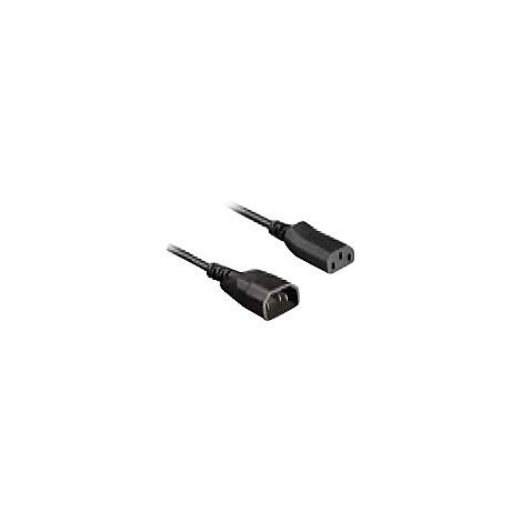 Schwarzes Netzkabel mit C13-Kupplung und C14-Stecker vor weißem Hintergrund.