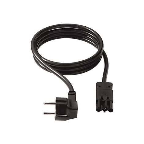 Schwarzes Stromkabel mit abgewinkeltem Schutzkontaktstecker und einem speziellen Geräteanschlussstecker.