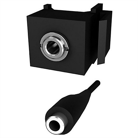 Schwarze Klinkenbuchse und Stecker. Die Buchse ist kantig mit einem silbernen Ring. Der Stecker ist zylindrisch.