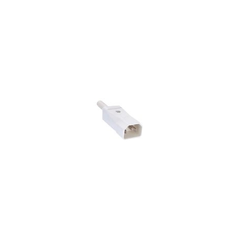 Ein weißer Stromstecker mit Kabelanschluss vor weißem Hintergrund.