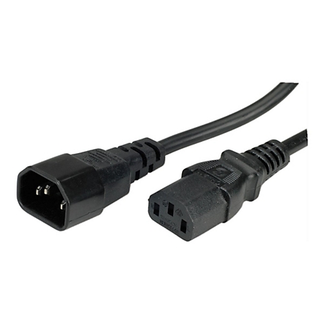 Schwarzes Kaltgerätekabel mit C13-Buchse und C14-Stecker vor weißem Hintergrund.
