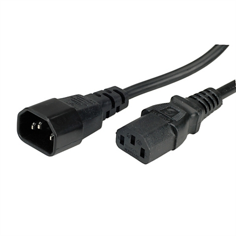 Schwarzes Kaltgerätekabel mit C13-Buchse und C14-Stecker vor weißem Hintergrund.