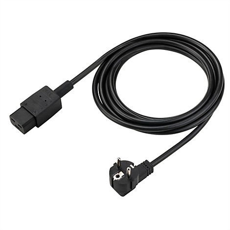 Schwarzes Stromkabel mit Schukostecker und C13-Kupplung vor weißem Hintergrund.