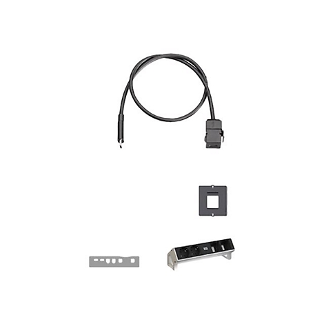 Verschiedene elektronische Bauteile wie Kabel, Buchsen und ein Verteiler vor weißem Hintergrund.