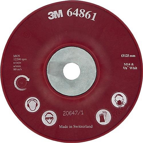 Red grinding disc with specifications like 3M 64861 and technical details. The image also shows symbols for safety precautions.