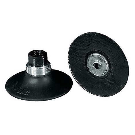 Two black sanding discs with screw threads. One lies flat, the other stands upright.