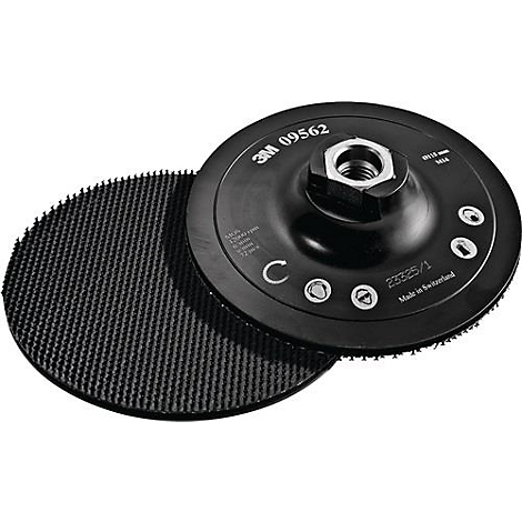 Two black sanding discs, one with velcro, the other with a nut and logo.