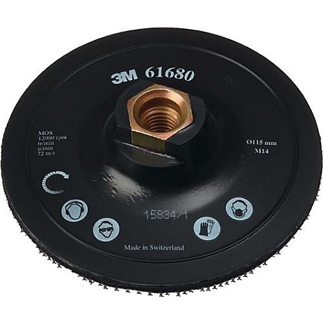 Black 3M sanding disc with metal elements. Inscription: 3M 61680, 0115 mm M14. With protection symbols and the inscription 'Made in Switzerland'.