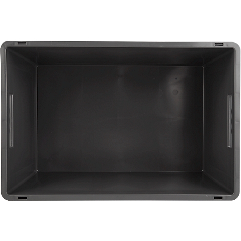 Boîte en plastique sombre, rectangulaire, avec des poignées latérales encastrées.