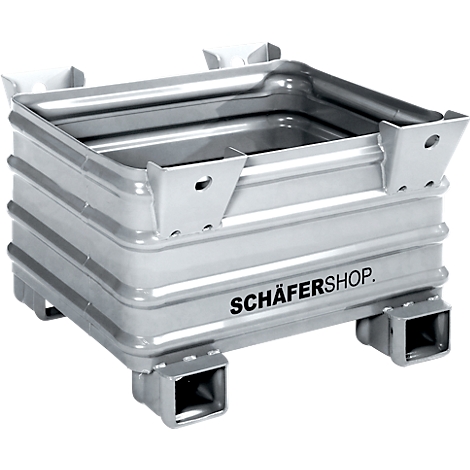 Conteneur métallique avec l'inscription SCHÄFERSHOP. Forme carrée avec pieds.