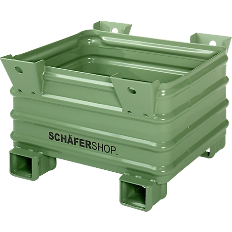 Conteneur vert empilable avec texte 'SCHÄFERSHOP'.
