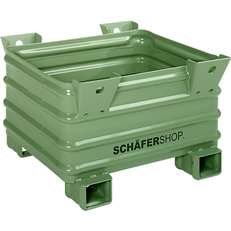 Conteneur métallique empilable vert clair. Inscription : SCHÄFERSHOP.