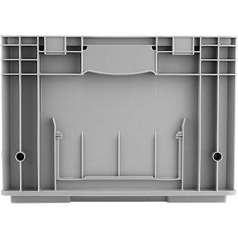 Boîte en plastique gris clair, vue intérieure, avec des nervures verticales et horizontales et des ouvertures rondes.