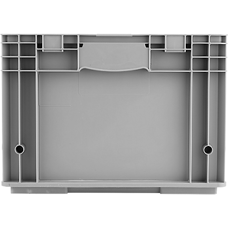 Vue de dessus d'une boîte en plastique gris clair. Entretoises verticales et horizontales, poignée au milieu, deux trous ronds.