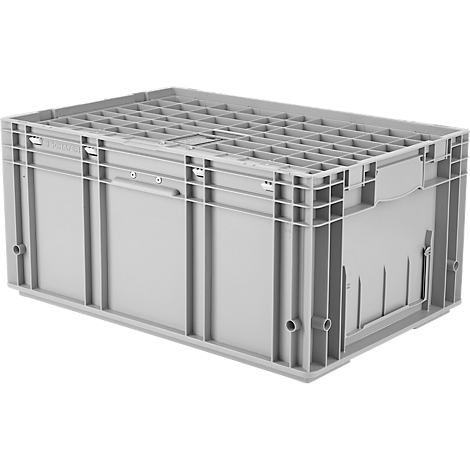 Boîte en plastique grise avec couvercle et poignées. Forme rectangulaire, surface nervurée. Vue détaillée.