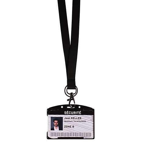Porte-carte d'identité noir avec lanière noire. La carte comporte une photo, un nom, un code-barres et le texte 'SÉCURITÉ'.