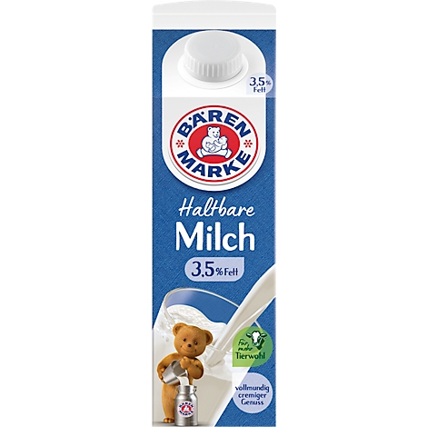 Eine Milchpackung mit "Bärenmarke"-Logo, blau-weißer Hintergrund, Teddybär-Illustrationen, Schriftzug "Haltbare Milch 3,8% Fett".