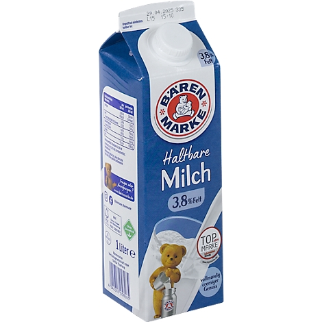 Blau-weißer Milchkarton mit Bärenmarke-Logo. Aufschrift: Haltbare Milch 3,8% Fett.