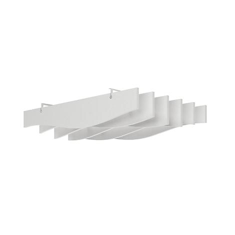 Lampe de plafond blanche en forme de vague avec des supports métalliques, isolée sur fond blanc.