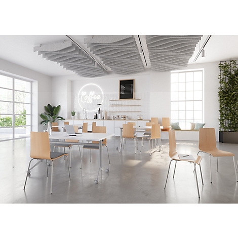 Café lumineux avec tables, chaises et une fenêtre. Panneaux ondulés au plafond. Le mot "Coffee" s'illumine en arrière-plan.