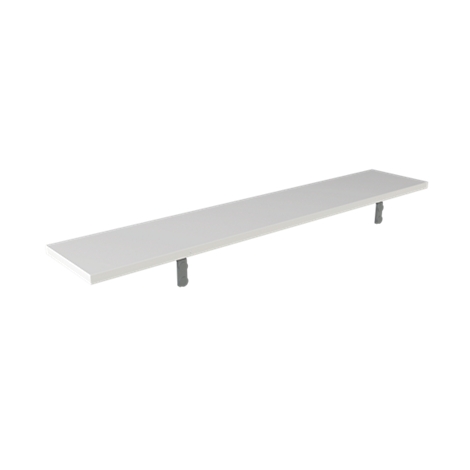 White wall shelf with two gray brackets against a white background.