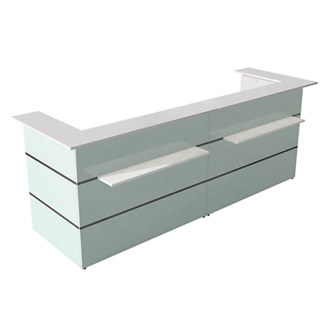 A modern reception desk in white and gray. It has a long, rectangular shape with integrated shelves.