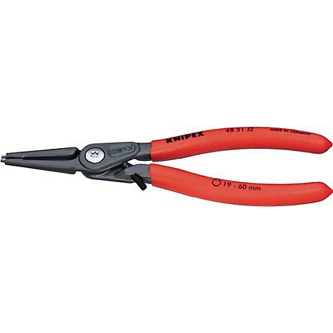 Pince avec poignées rouges et nom du produit. La pince a une pointe noire. Inscription : KNIPEX, 48 31 12, 19-60 mm.