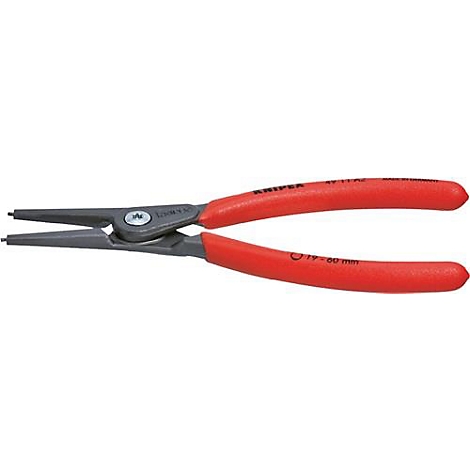 Une pince avec des poignées rouges et des mâchoires noires, ouverte. Le nom KNIPEX est visible sur la pince.
