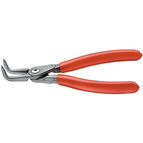 Pince coudée avec des poignées rouges. La pince est en métal et a des pointes courbées.