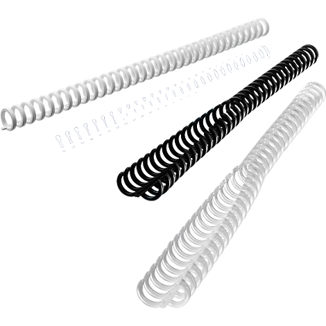 Trois reliures à spirales : blanche, noire et transparente. Les spirales sont disposées en diagonale au premier plan.