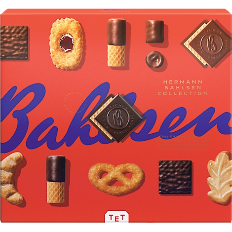 Red Bahlsen box with a variety of pastries, blue lettering and the print "Hermann Bahlsen Collection."