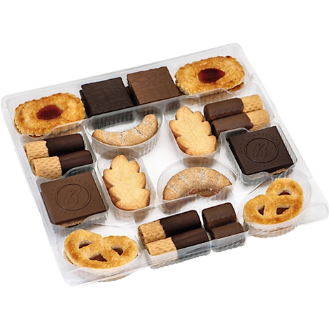 A clear plastic tray with a selection of biscuits: butter biscuits, chocolate wafer rolls, leaf-shaped pastry, chocolate squares and pretzels.