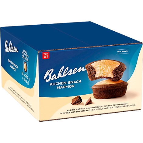 Bahlsen Kuchen-Snack Marmor Verkaufsverpackung mit Abbildung der kleinen, saftigen Marmorküchlein.