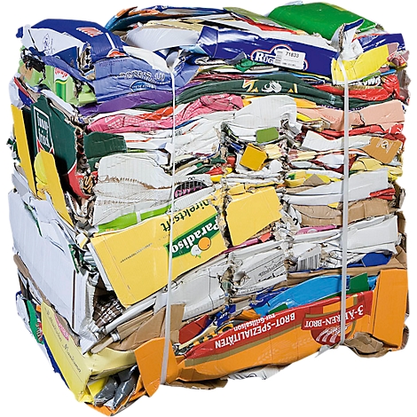 Pressed cardboard with various printed cartons, strapped with straps.