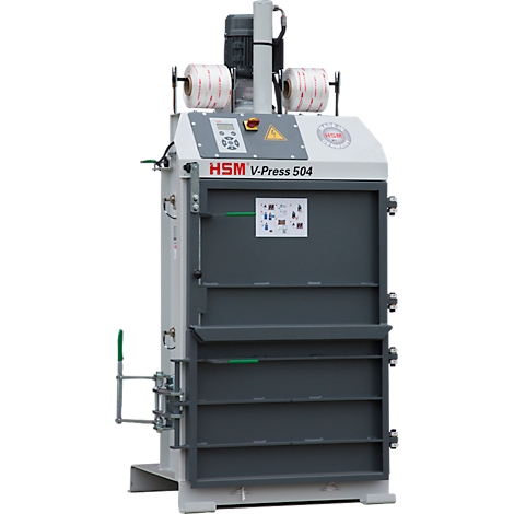Vertical baler, grey and white, with two rolls of string, marked "HSM V-Press 504".