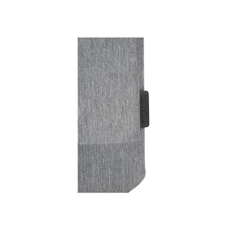 Grauer Stoff mit Targus-Logo, Detailaufnahme.