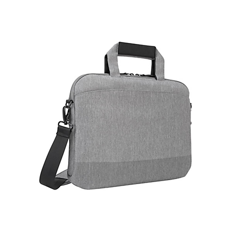 Graue Laptoptasche mit Tragegriff und Schultergurt. Der untere Teil ist etwas dunkler.