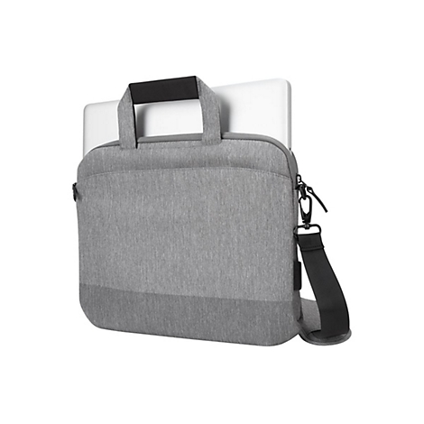 Graue Laptoptasche mit Laptop, Tragegriff und Schulterriemen vor weißem Hintergrund.